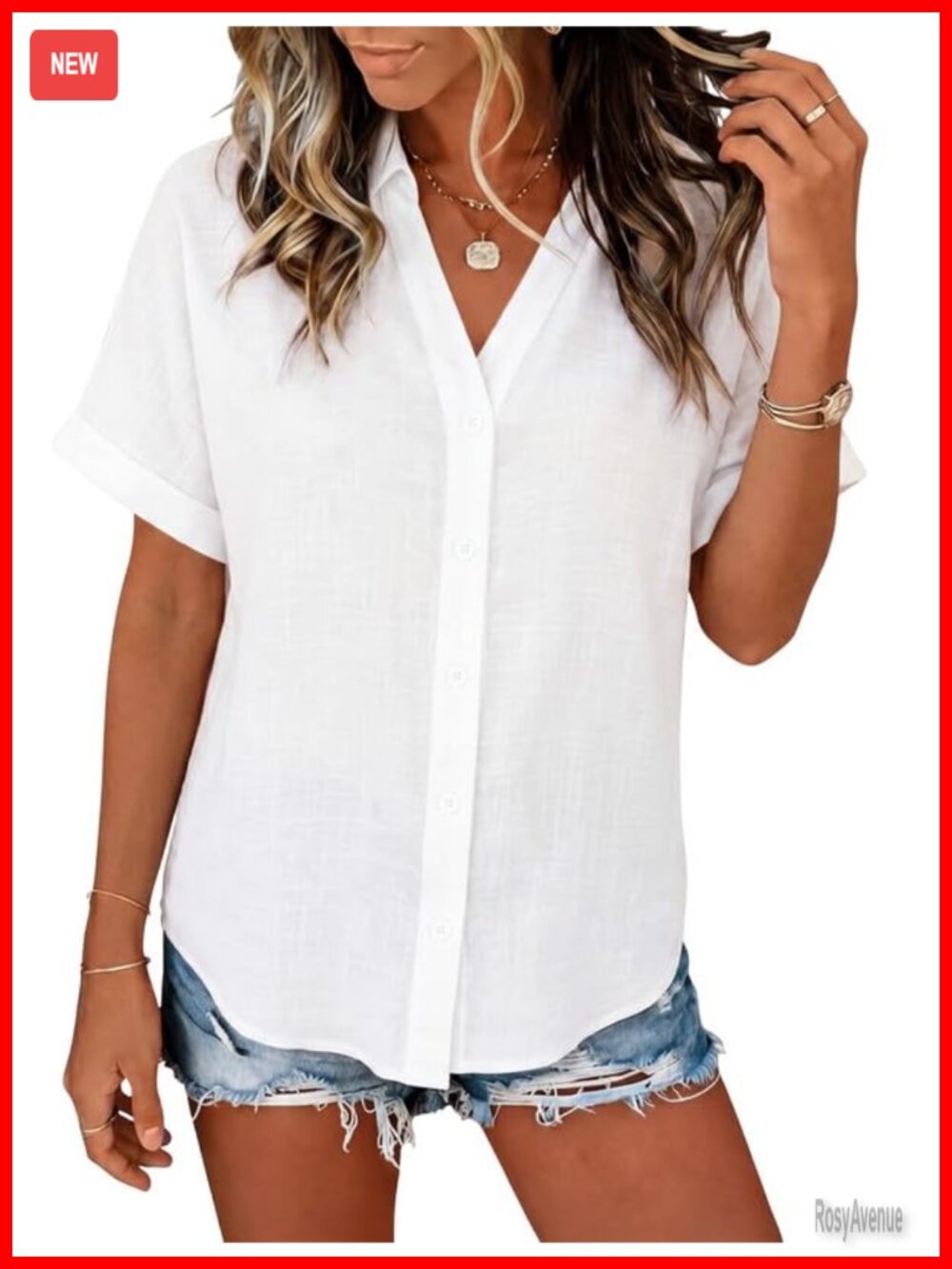Womens Cotton Linen Button Down Short Sleeve Blouse V-Neck Top
